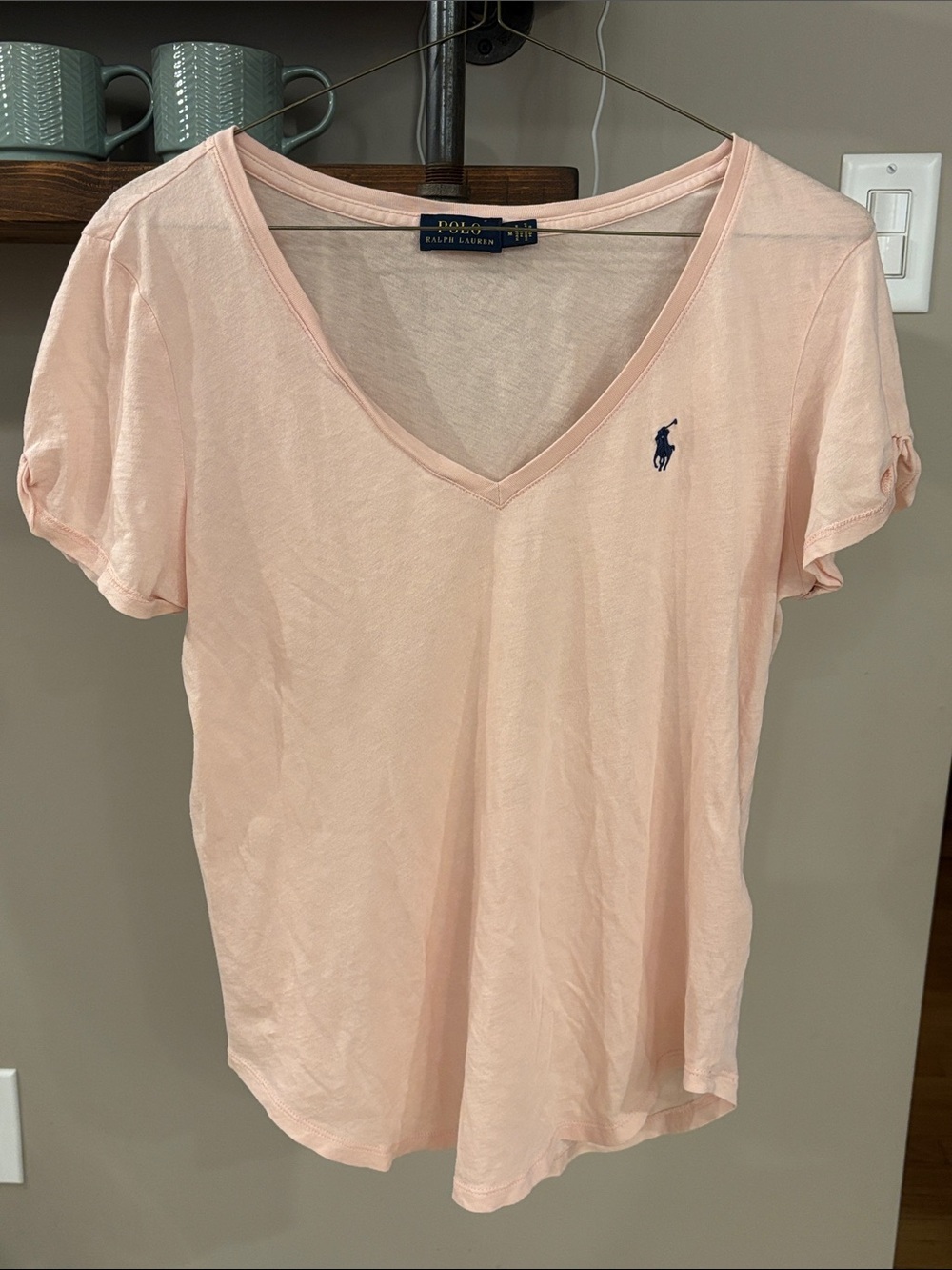 Polo Ralph Lauren Light Pink V-Neck Cotton Tee Shirt Medium Navy Pony Logo
